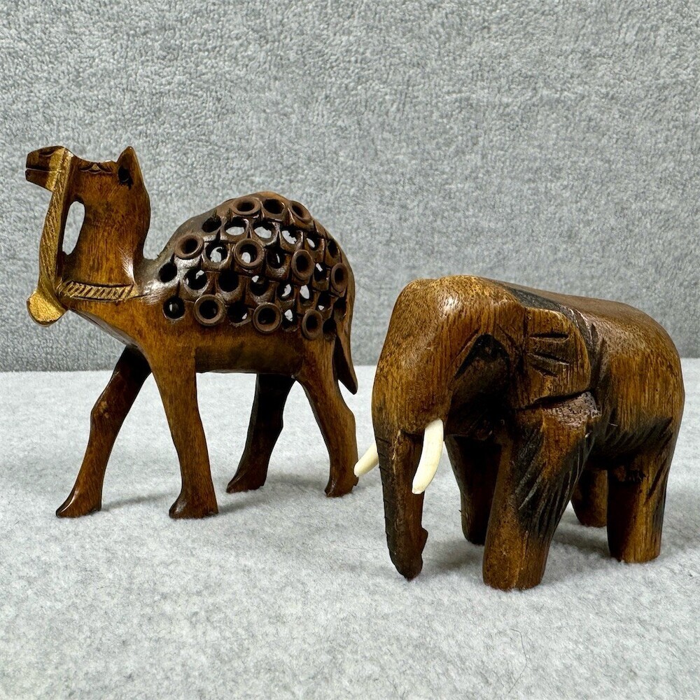 Hand Carved Elephant & Camel Figurines 2-Piece Set Brown
